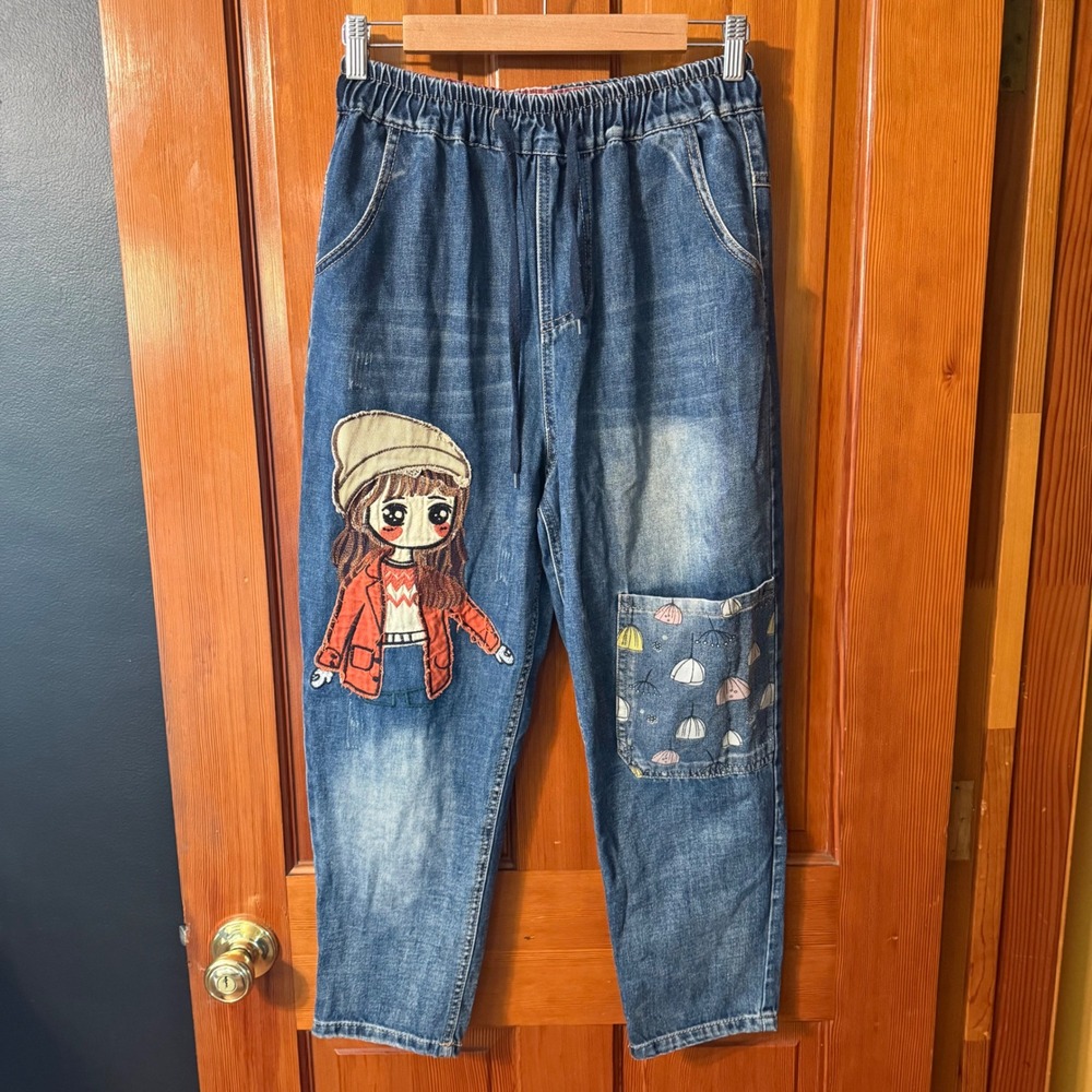 H.C.P Anime Patchwork Jeans Womens Medium Blue Excellent Relaxed Tapered Denim